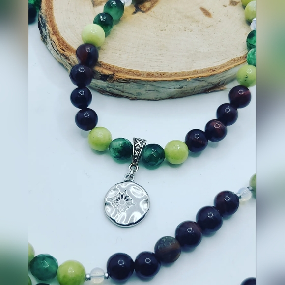 Jade, Tiger Eye, Green Agate Mala 108 Bead necklace - Picture 3 of 4